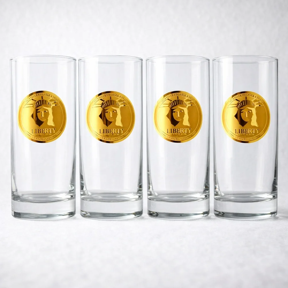 Statue Of Liberty Centennial Highball Glasses 22K Gold Medallion Vtg 1986 4 Pcs
